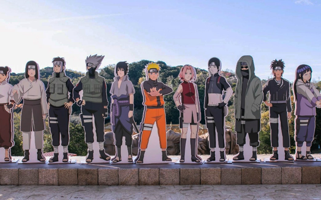 Cardboard cutouts of Naruto characters at Nijigen No Mori Theme Park.