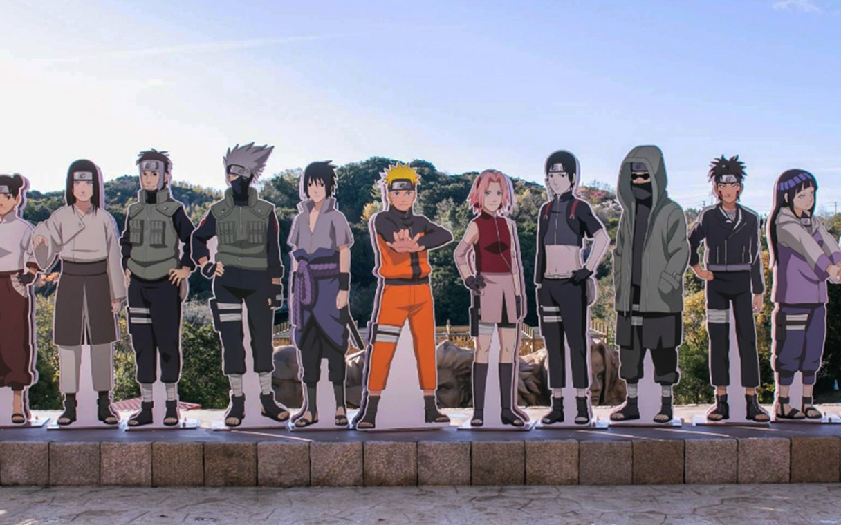 Cardboard cutouts of Naruto characters at Nijigen No Mori Theme Park.