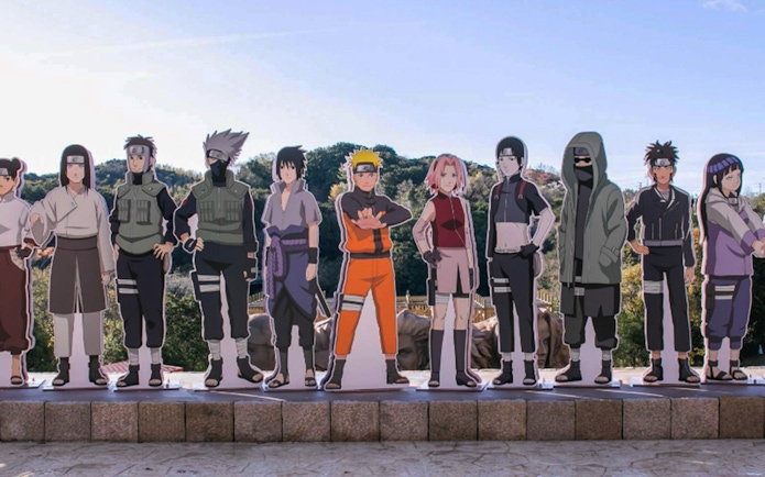 Cardboard cutouts of Naruto characters at Nijigen No Mori Theme Park.