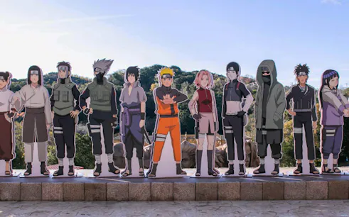 Cardboard cutouts of Naruto characters at Nijigen No Mori Theme Park.