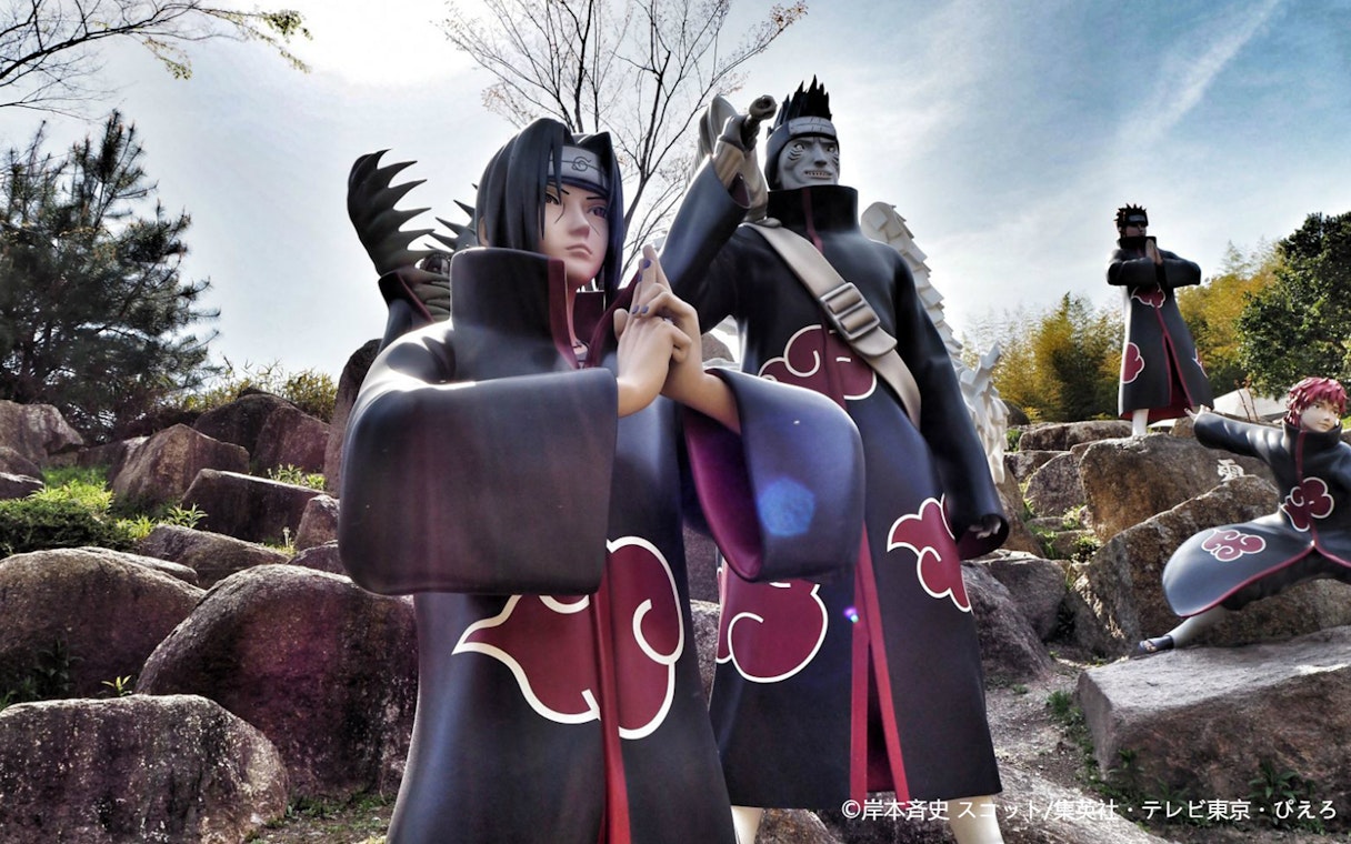 Nijigen No Mori Theme Park statues of Naruto characters in Shinobi-zato area.