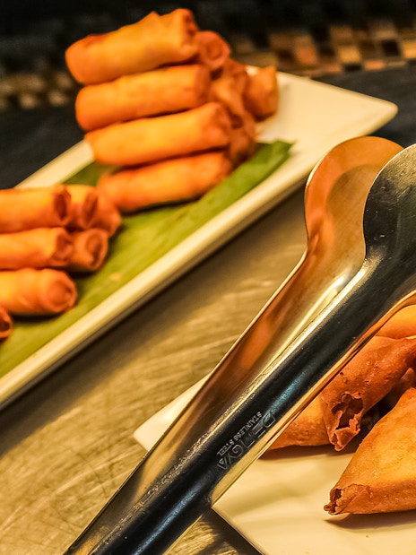 Spring rolls and samosas at Atmosphere 360 Revolving Restaurant buffet.