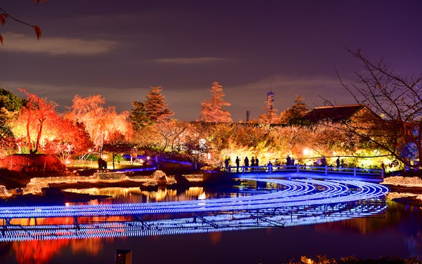 Nabana no Sato winter illuminations with vibrant lights reflecting on water, Mie Prefecture, Japan.