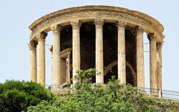 Ancient Roman temple ruins at Villa Gregoriana, Tivoli, Italy.