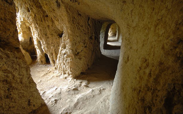 Ancient stone passageway inside Villa Gregoriana, Tivoli, Italy.