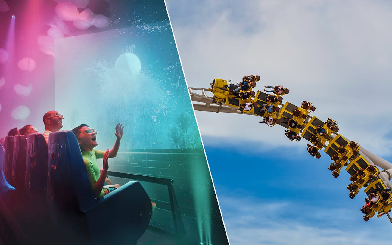Visitors enjoying rides at Ferrari World and Yas Waterworld, Abu Dhabi.