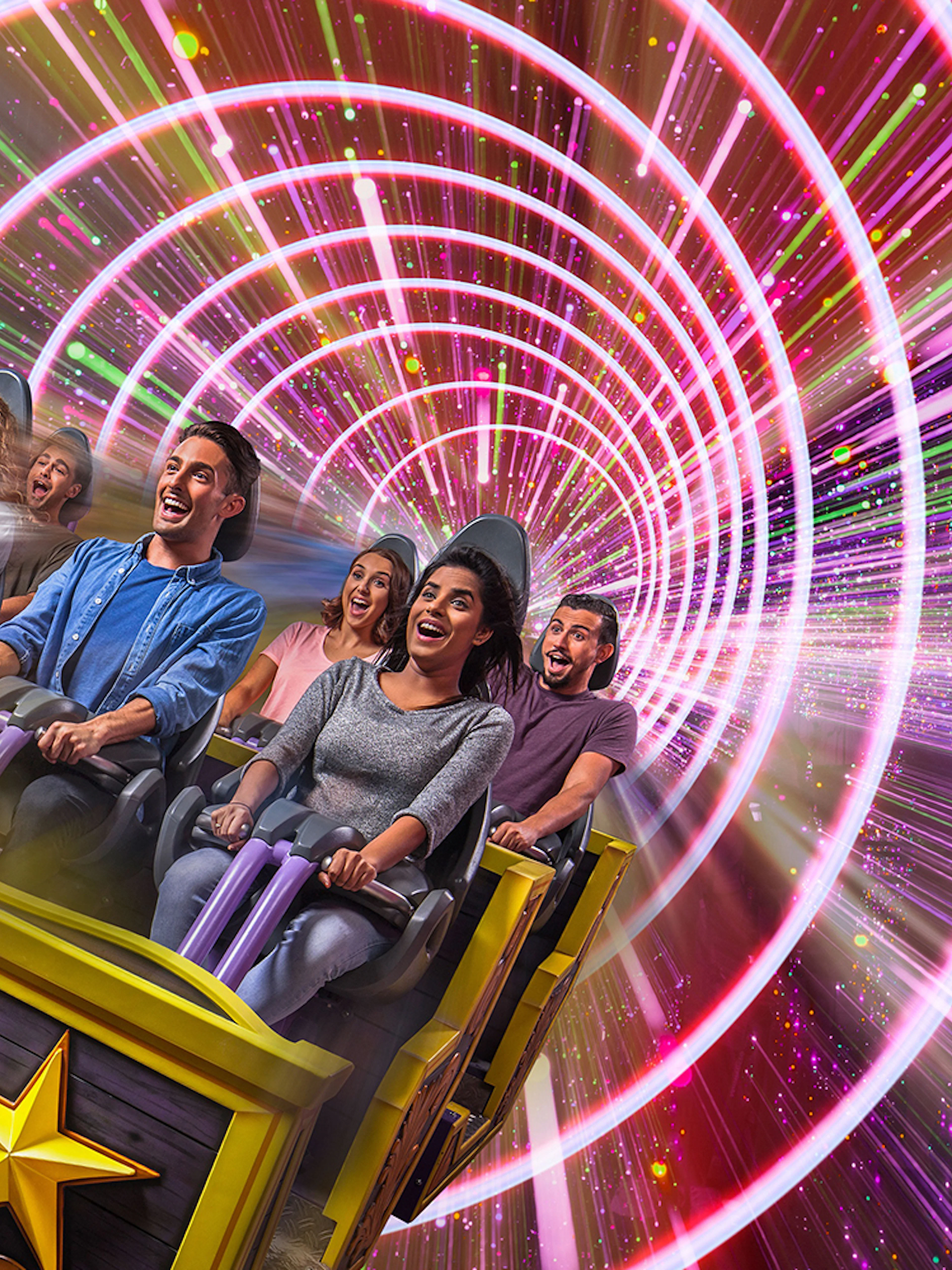 Visitors on a roller coaster at MOTIONGATE Theme Park, Dubai Parks and Resorts.