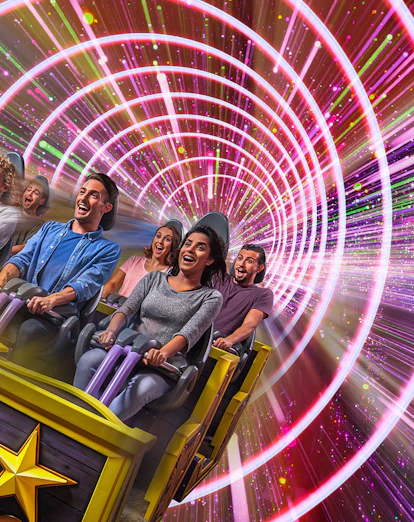 Visitors on a roller coaster at MOTIONGATE Theme Park, Dubai Parks and Resorts.