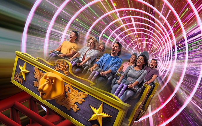 Visitors on a roller coaster at MOTIONGATE Theme Park, Dubai Parks and Resorts.