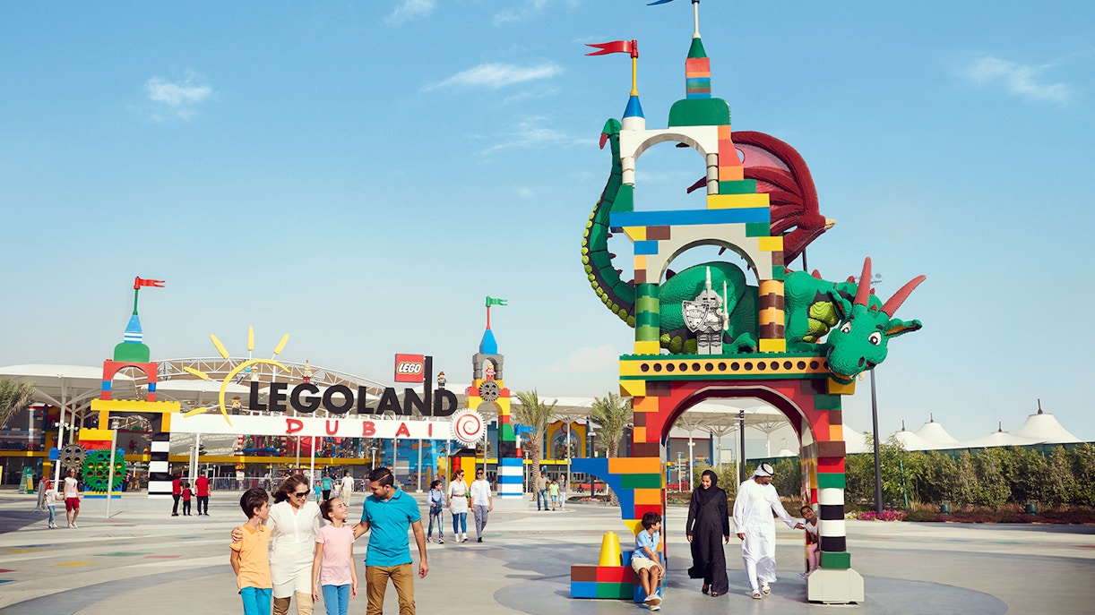 Legoland Dubai entrance with colorful dragon sculpture, part of Dubai Parks and Resorts.