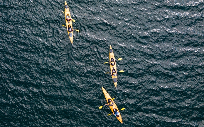 Kayakers paddling on Lake Rotoiti during guided tour.