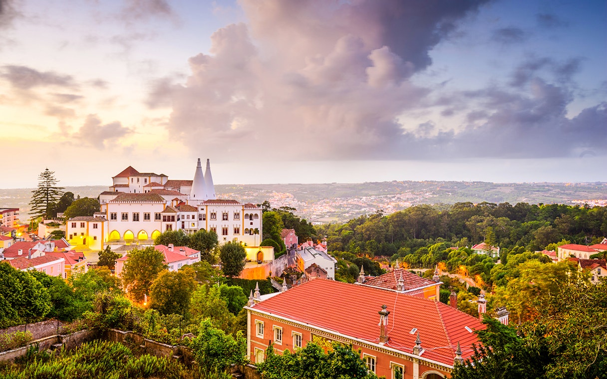 Sintra National Palace with surrounding landscape during full-day tour from Lisbon.