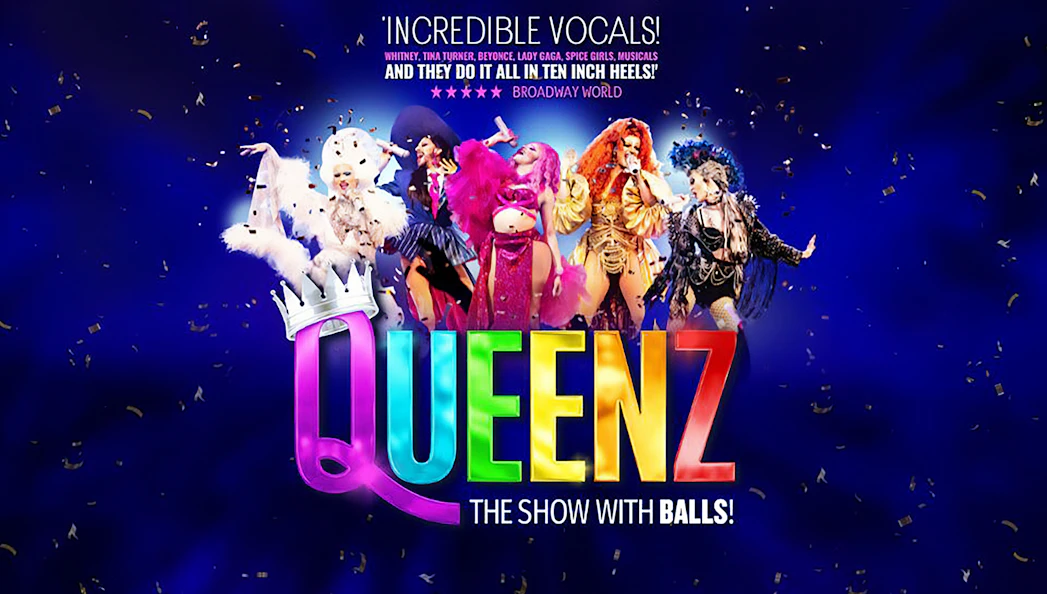 Drag performers in vibrant costumes on stage for QUEENZ: The Show with BALLS!
