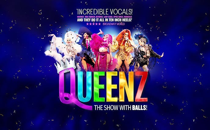 Drag performers in vibrant costumes on stage for QUEENZ: The Show with BALLS!