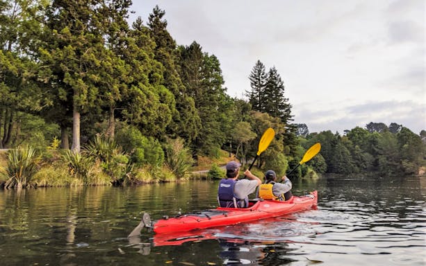 Kayakers paddling on Lake McLaren surrounded by lush trees, Tauranga.