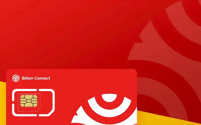Billion Connect Japan eSIM card on a red background.