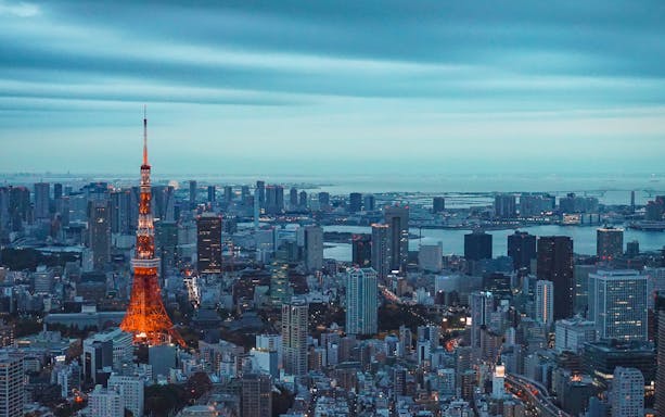 Tokyo skyline with Tokyo Tower illuminated at dusk, Japan.