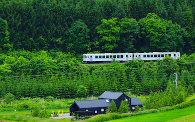 Train passing through lush forest in Shikoku, Japan, near a modern black house.
