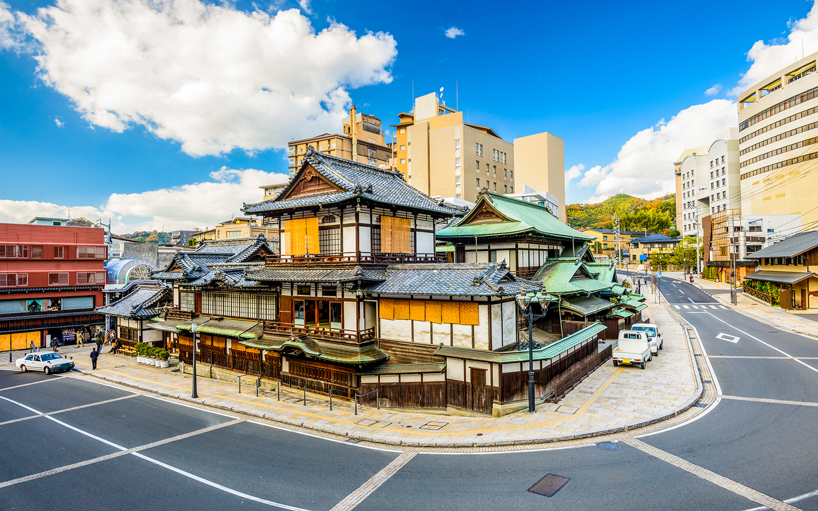 Dogo Onsen Honkan in Matsuyama, Japan, viewed from the street, part of JR All Shikoku Rail Pass tour.