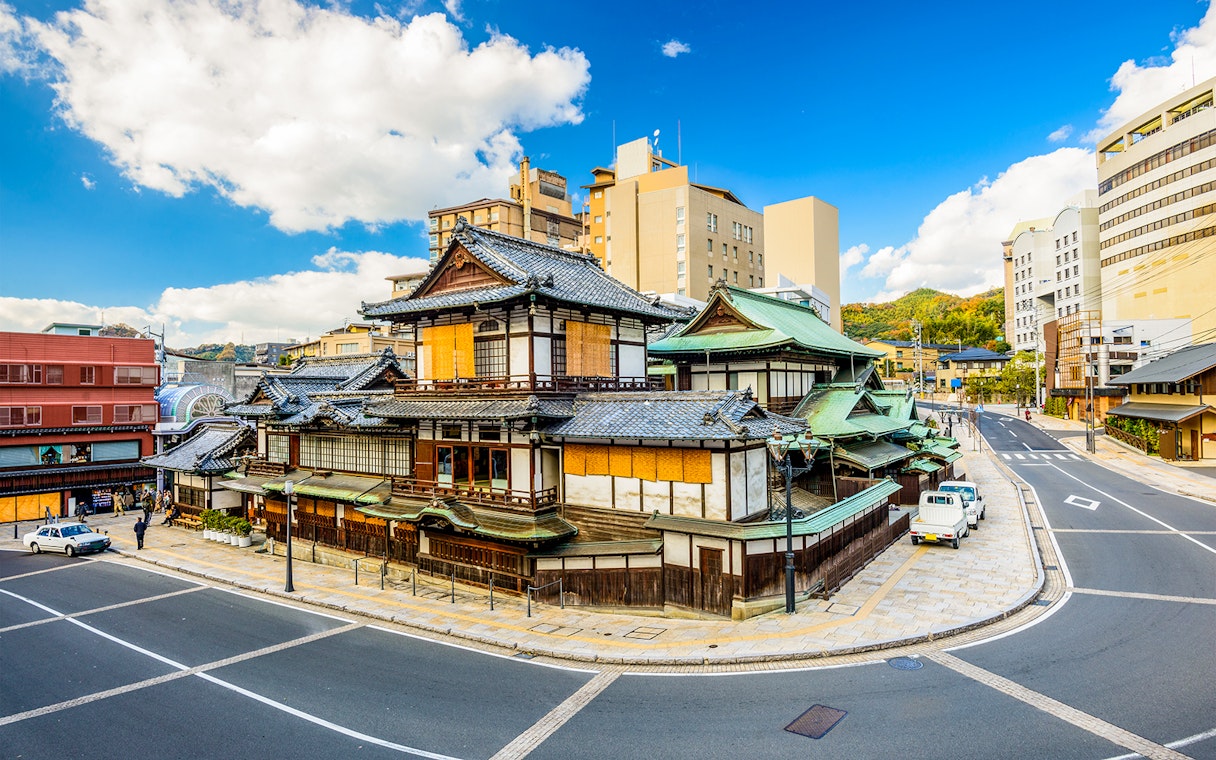 Dogo Onsen Honkan in Matsuyama, Japan, viewed from the street, part of JR All Shikoku Rail Pass tour.