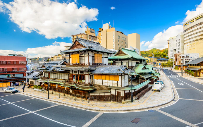 Dogo Onsen Honkan in Matsuyama, Japan, viewed from the street, part of JR All Shikoku Rail Pass tour.