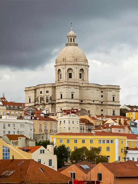 National Pantheon in Lisbon with colorful surrounding buildings.