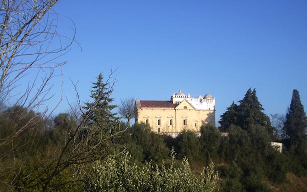 Convent of Christ in Lisbon surrounded by trees under a clear blue sky.