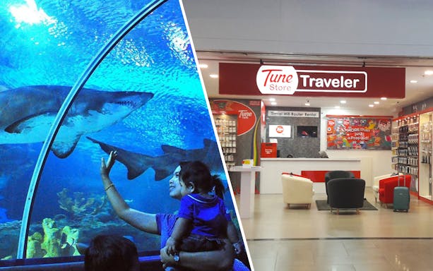 Aquaria KLCC shark tunnel and Tune Store for Malaysia 4G SIM card.
