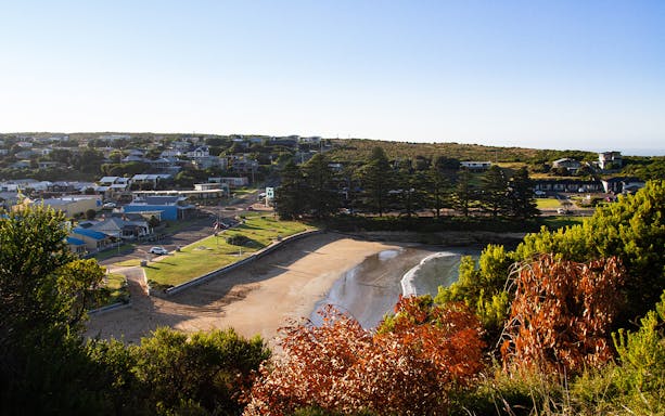 Coastal view of a small town along the Great Ocean Road, Australia.