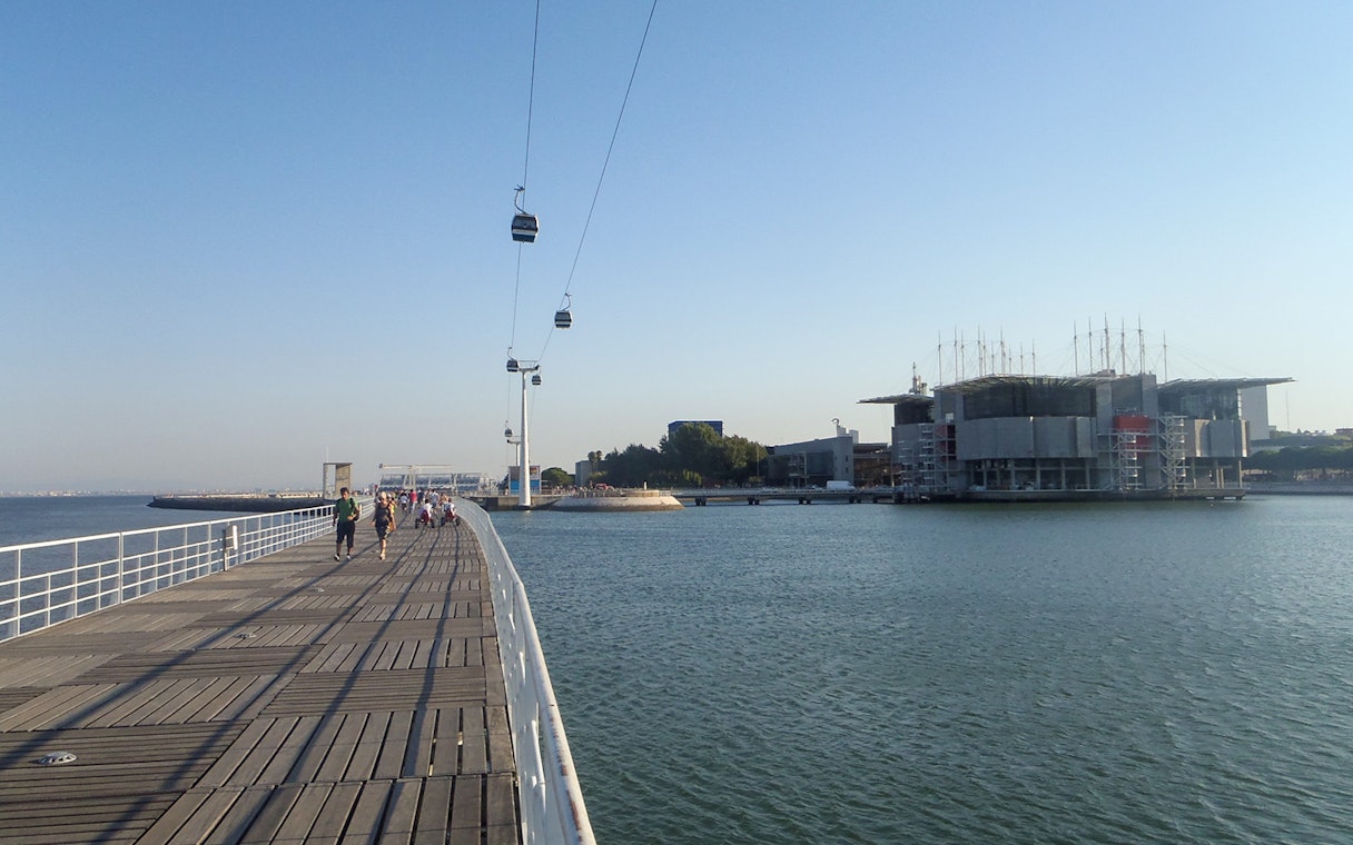 Telecabine cable car over Tagus River near Lisbon Oceanarium.