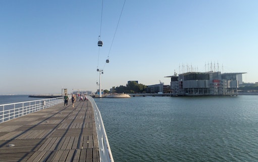 Telecabine cable car over Tagus River near Lisbon Oceanarium.