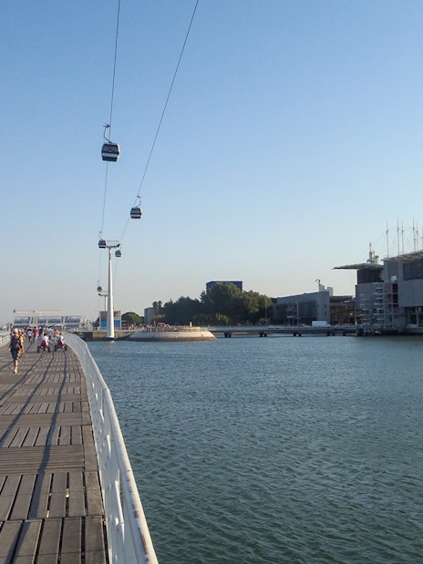 Telecabine cable car over Tagus River near Lisbon Oceanarium.