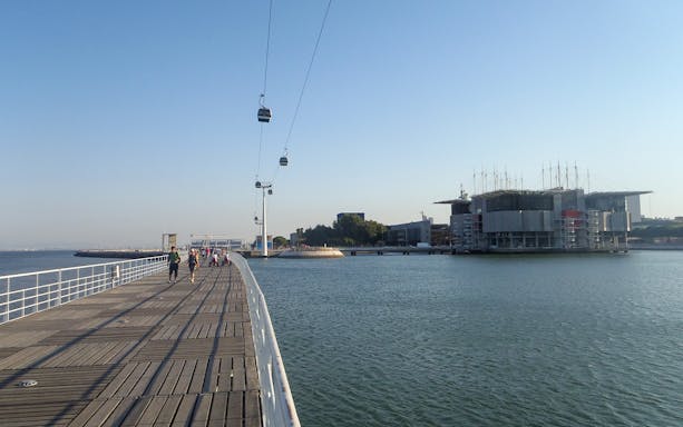 Telecabine cable car over Tagus River near Lisbon Oceanarium.