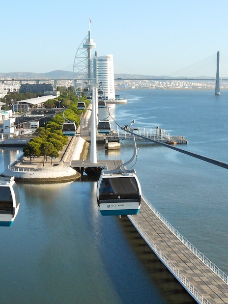Telecabine cable cars over Tagus River in Lisbon with cityscape and bridge in view.