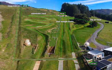 ZORB Rotorua tracks with mega, sidewinder, dual straight, and big air paths in New Zealand.