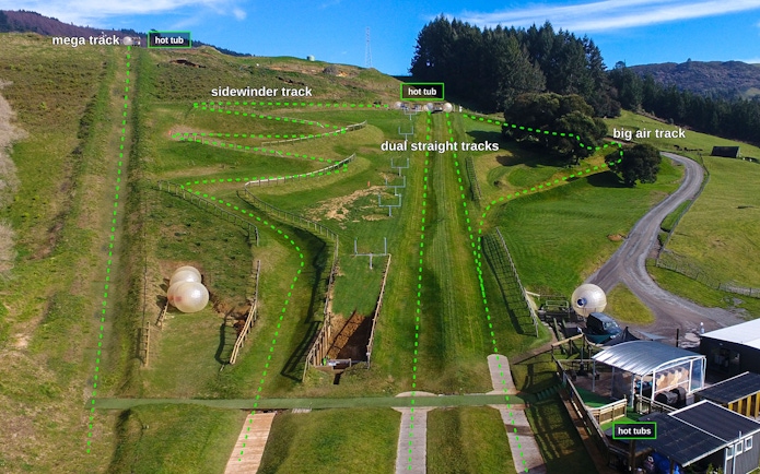 ZORB Rotorua tracks with mega, sidewinder, dual straight, and big air paths in New Zealand.