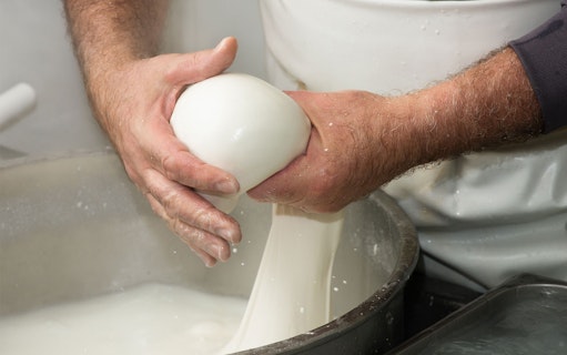 Mozzarella cheese being hand-stretched during a tasting tour in Paestum, Italy.