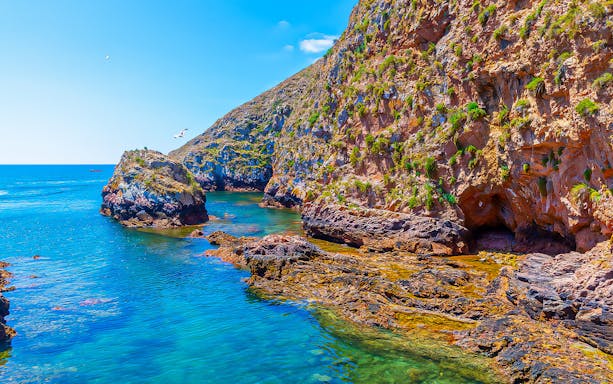 Berlenga Grande Island rocky coastline with clear blue water and caves, Portugal.