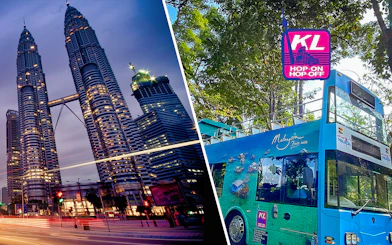 Petronas Twin Towers and KL Hop-on Hop-off bus in Kuala Lumpur.