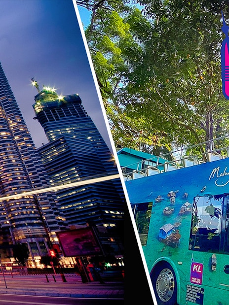 Petronas Twin Towers and KL Hop-on Hop-off bus in Kuala Lumpur.