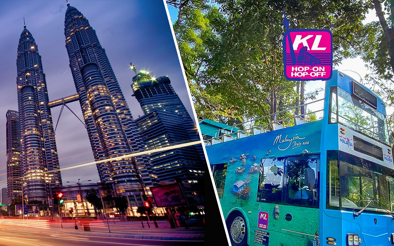 Petronas Twin Towers and KL Hop-on Hop-off bus in Kuala Lumpur.