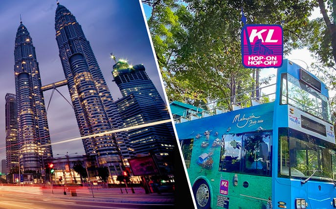 Petronas Twin Towers and KL Hop-on Hop-off bus in Kuala Lumpur.