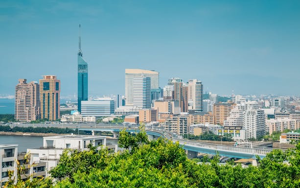 Fukuoka cityscape with Fukuoka Tower and surrounding buildings, Japan.