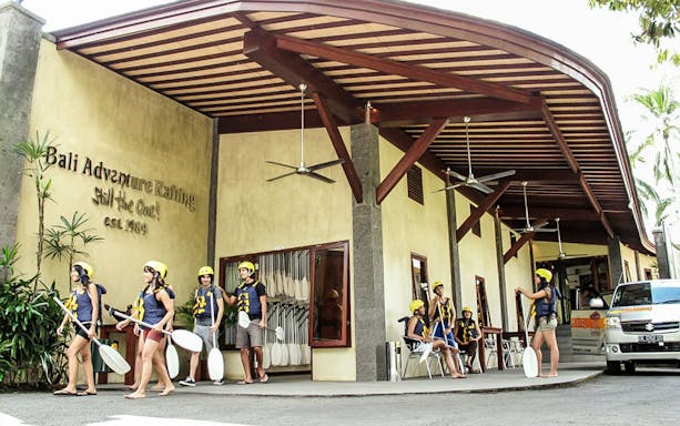 Rafting participants with paddles at Bali Adventure Rafting, Ayung River.