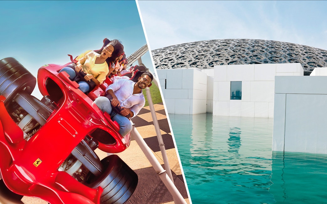 Ferrari World roller coaster and Louvre Abu Dhabi dome with water reflection.