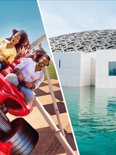 Ferrari World roller coaster and Louvre Abu Dhabi dome with water reflection.