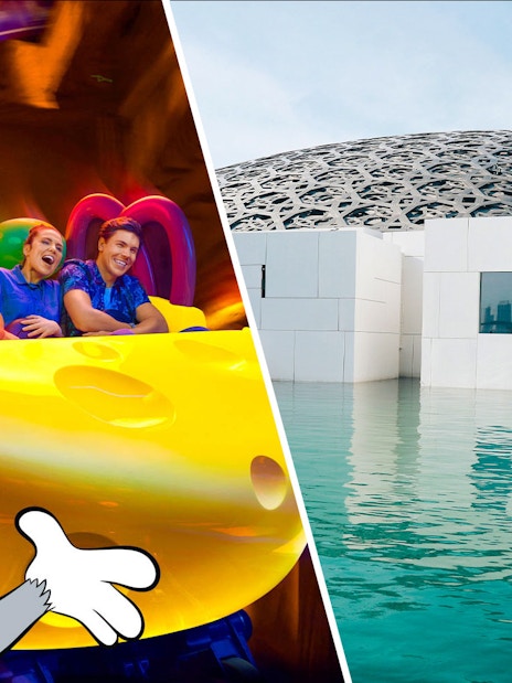 Warner Bros World ride with Tom and Jerry, and Louvre Abu Dhabi dome over water.