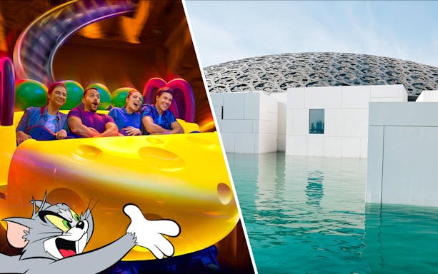 Warner Bros World ride with Tom and Jerry, and Louvre Abu Dhabi dome over water.