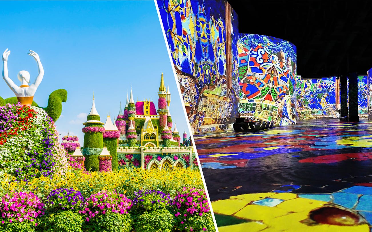 Infinity des Lumières digital art display and Dubai Miracle Garden floral castle.