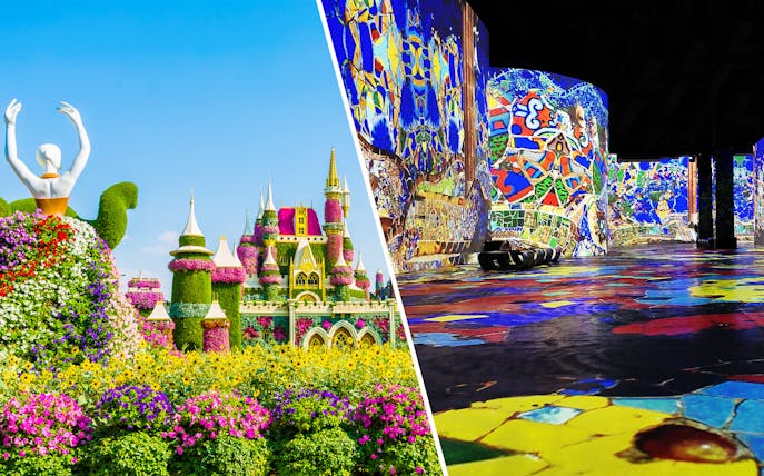 Infinity des Lumières digital art display and Dubai Miracle Garden floral castle.